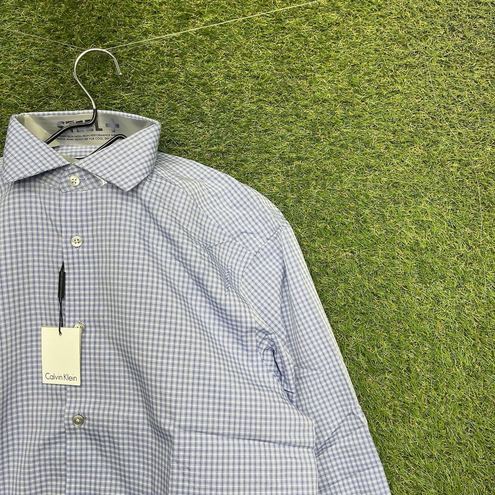 Calvin Klein Steel+ Dress Shirt Mens 15.5 32/33 Slim Fit Blue Sapphire Gingham